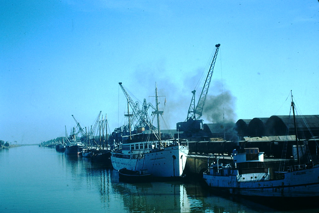 Docks on River Cevilla, Spain, 1954
