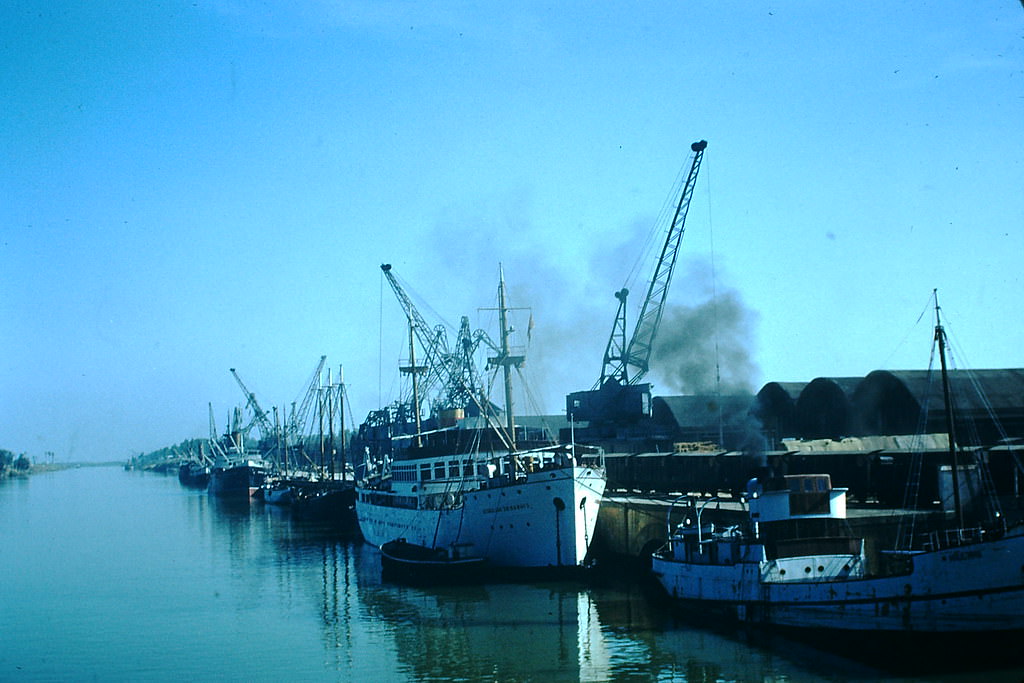 Docks on River Cevilla, Spain, 1954