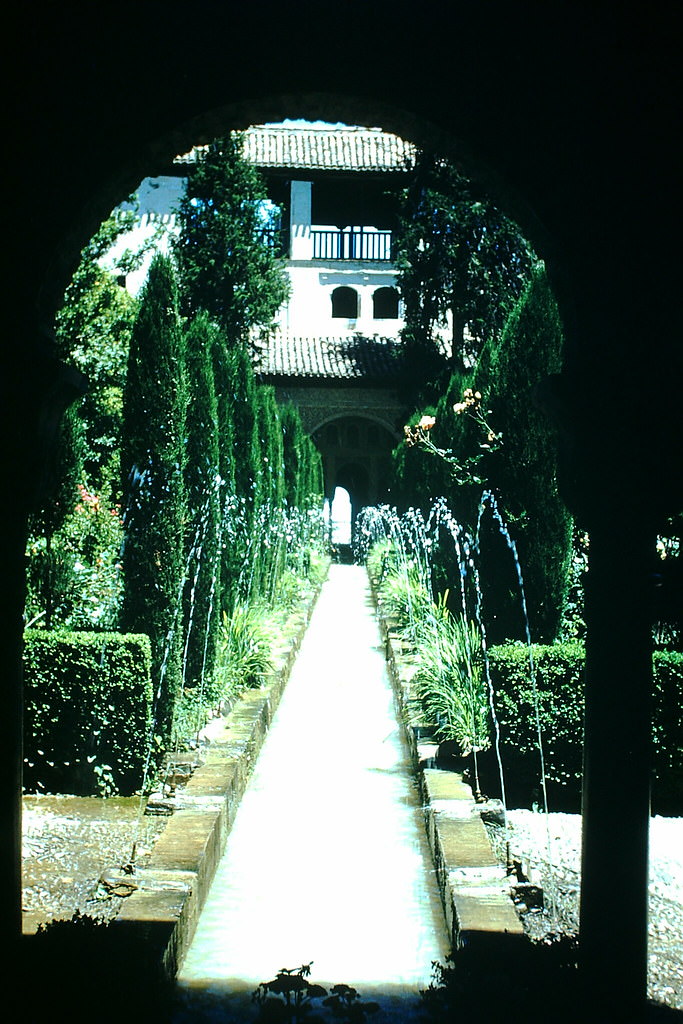 Fountains and gardens Moorish castle- Granada, Spain, 1954