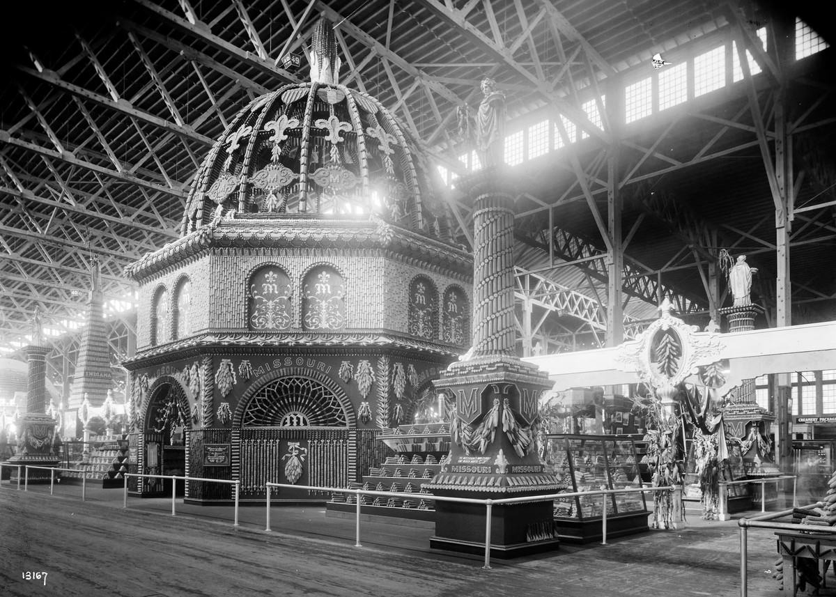 The Missouri Corn Temple exhibit stands inside the Palace of Agriculture.