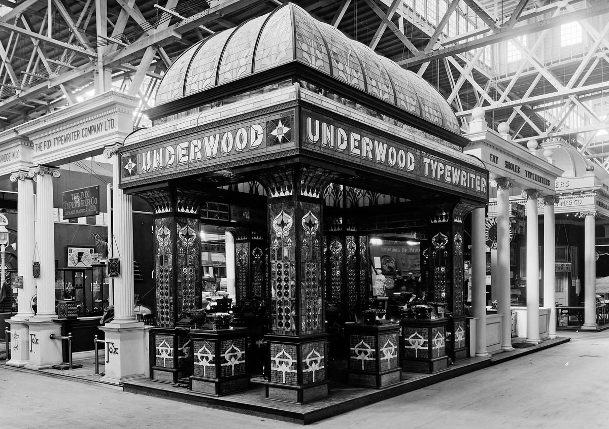 The Underwood Typewriter exhibit stands inside the Palace of Liberal Arts.