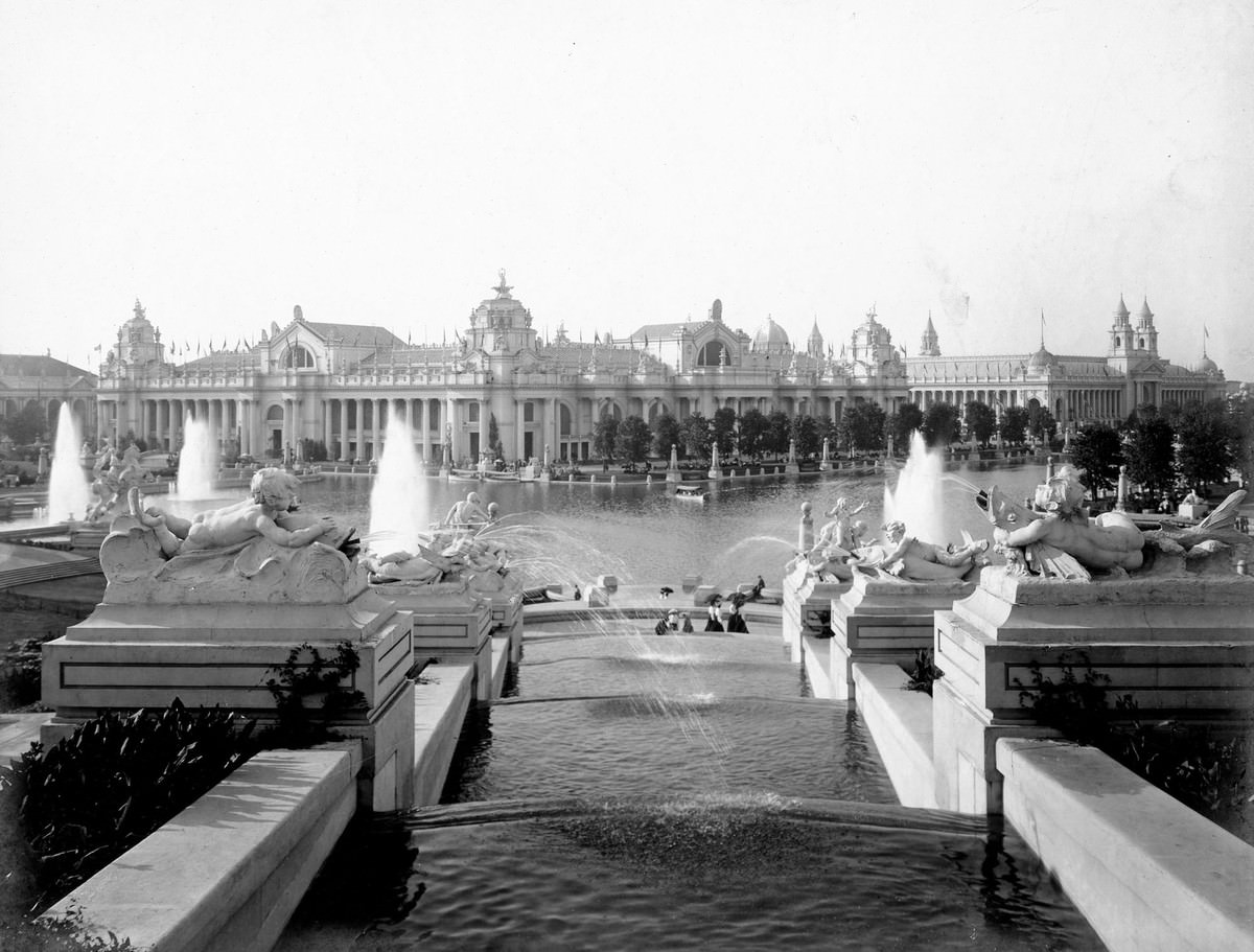 A view of the East Cascade Falls, looking toward the Palace of Electricity