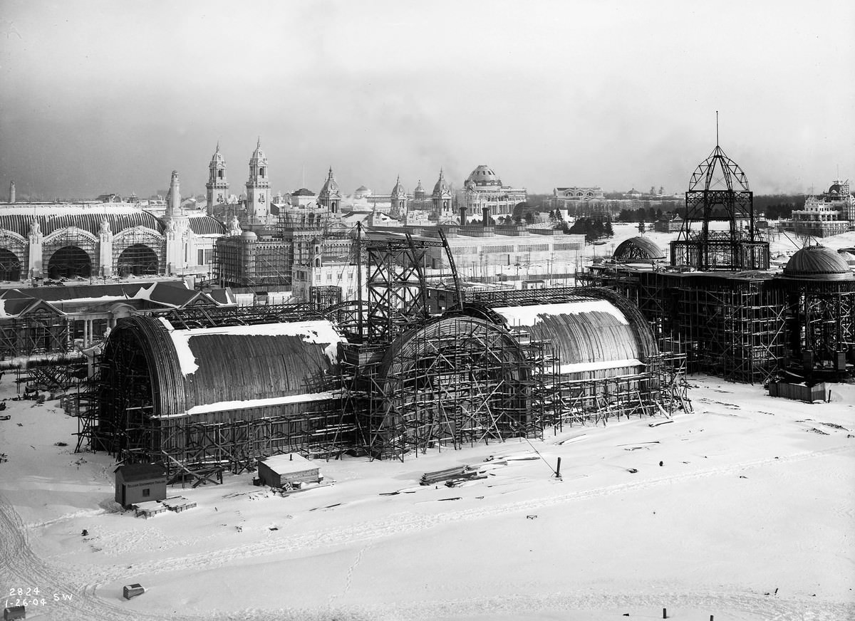A bird's-eye view of construction taking place on some of the 1904 World's Fair buildings on January 24, 1904