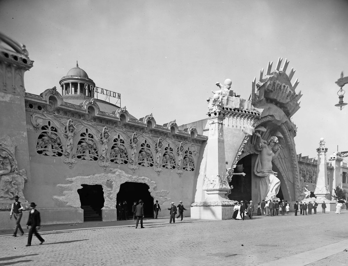 The "Creation" concession, photographed on the Pike at the 1904 St. Louis World's Fair.