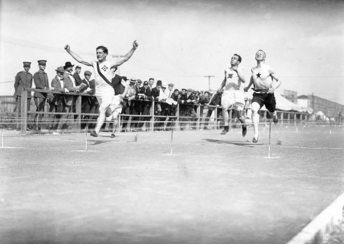 The 1904 Olympics also took place in St. Louis at the same time, stretched out over several months. Here, the finish of the first heat of the 100-yard handicap.