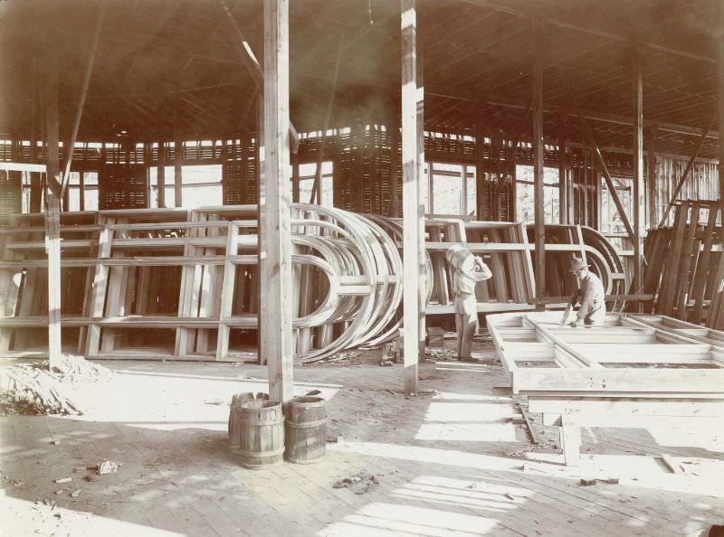 Workers making window sashes for the Palace of Varied Industries during the construction phase for the 1904 World's Fair, 1902-03