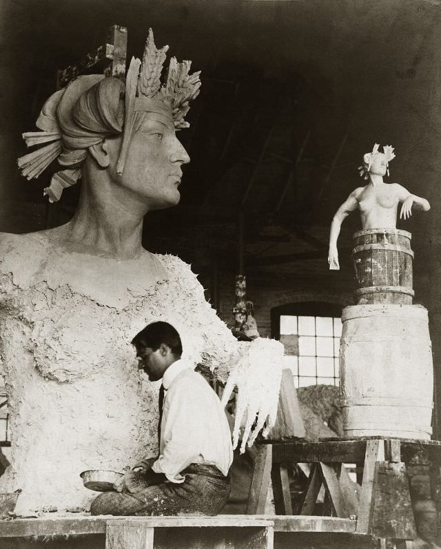 Artist creating the statue “North Dakota” for display at the 1904 World's Fair, 1903