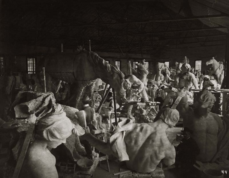 The enlarging studio for sculpture created for the 1904 World's Fair in Erie Roundhouse, Weehawken, New Jersey, 1903