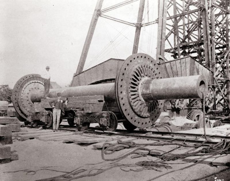 Seventy ton axle of the Ferris Wheel, as delivered to the 1904 World's Fair construction site, 1904