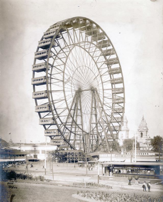 Ferris Wheel at the 1904 World's Fair. (Swedish Restaurant in foreground), 1904