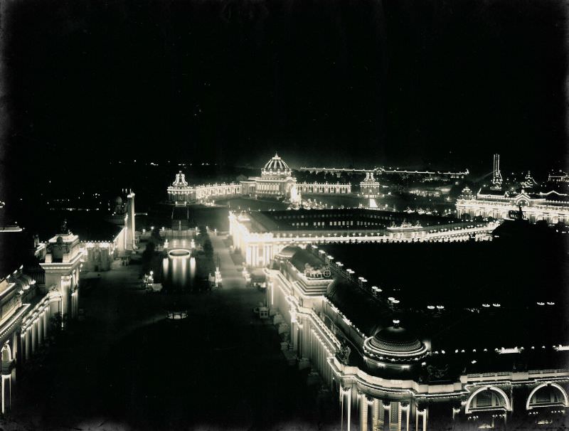 Night view of 1904 World's Fair grounds from the DeForest Wireless Telegraphy Tower, 1904