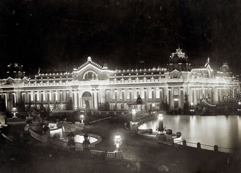 Night view of the Palace of Electricity from Festival Hall at the 1904 World's Fair, 1904