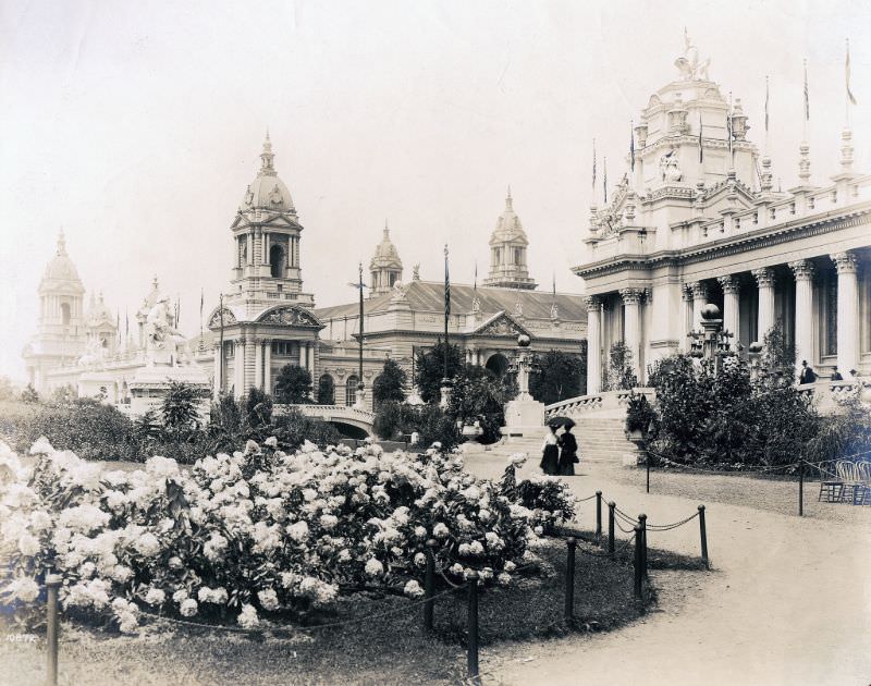 View looking across the Palace of Electricity grounds toward the Palace of Machinery at the 1904 World's Fair, 1904