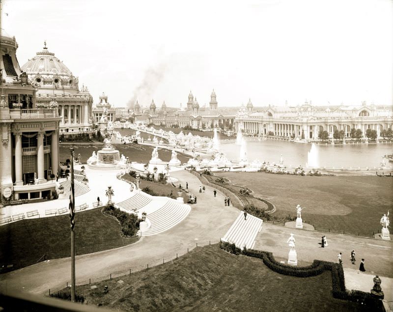 View west from balcony of German Pavilion. East Restaurant Pavilion and Festival Hall, left, Electricity at right, 1904