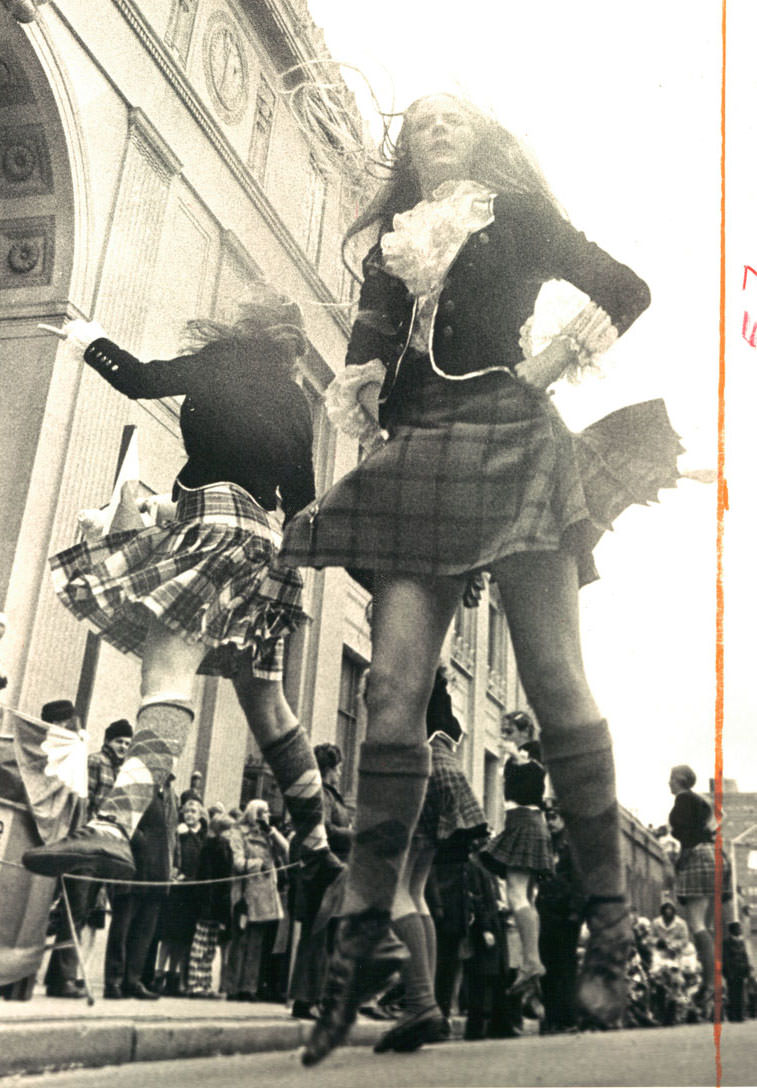 and comely lasses dance a jig in front of the Pratt. March 1973. (The Baltimore Sun)