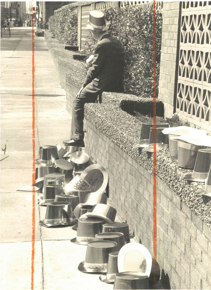 It was a no-show Irish parade for this hat vendor at Baltimore and Calvert Streets. March, 1977.