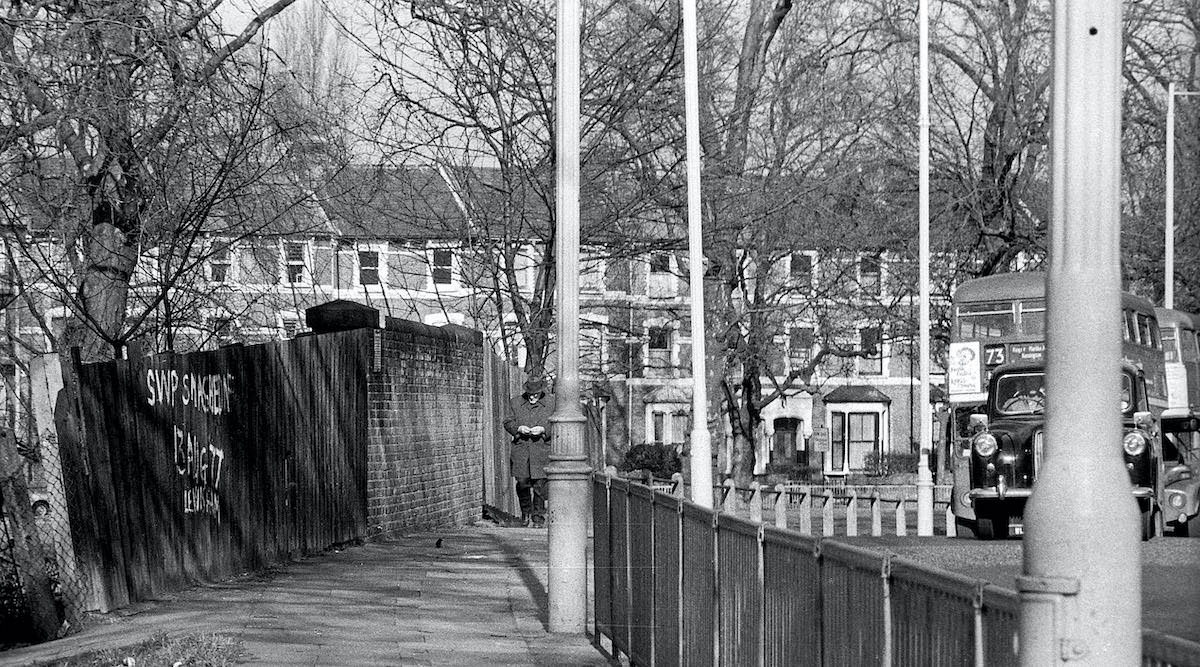 Stoke Newington Common 1978 The graffiti on the fence referred to the 13th August 1977 – the Battle of Lewisham