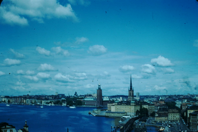 Waterfront on Lake Malaren-Stadhuse and Riddarholm, Sweden, 1954