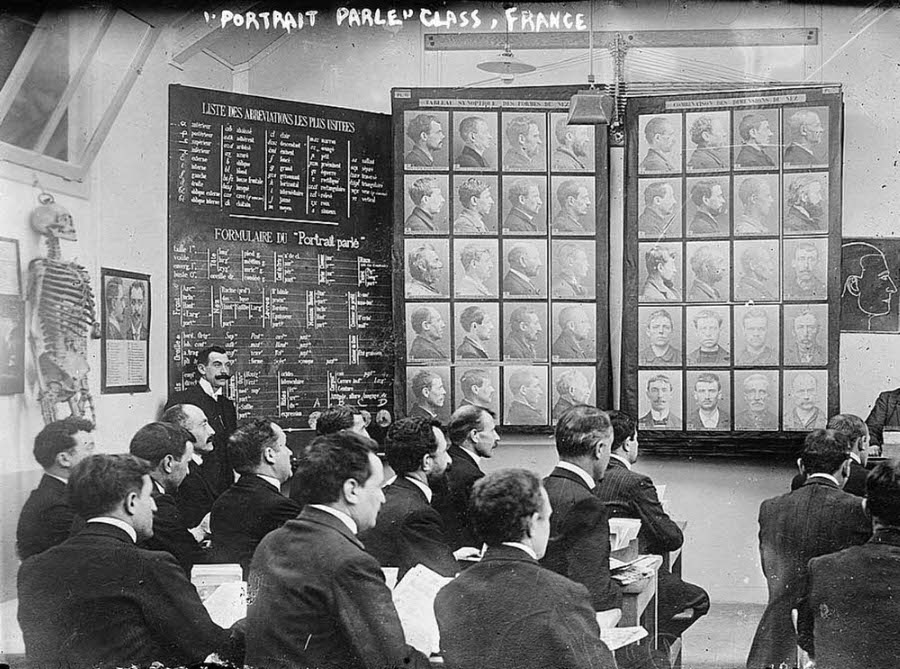 Class on the Bertillon system in France in 1911.