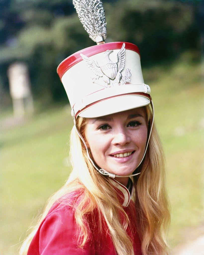 Tuesday Weld wearing a majorette's hat, 1970.