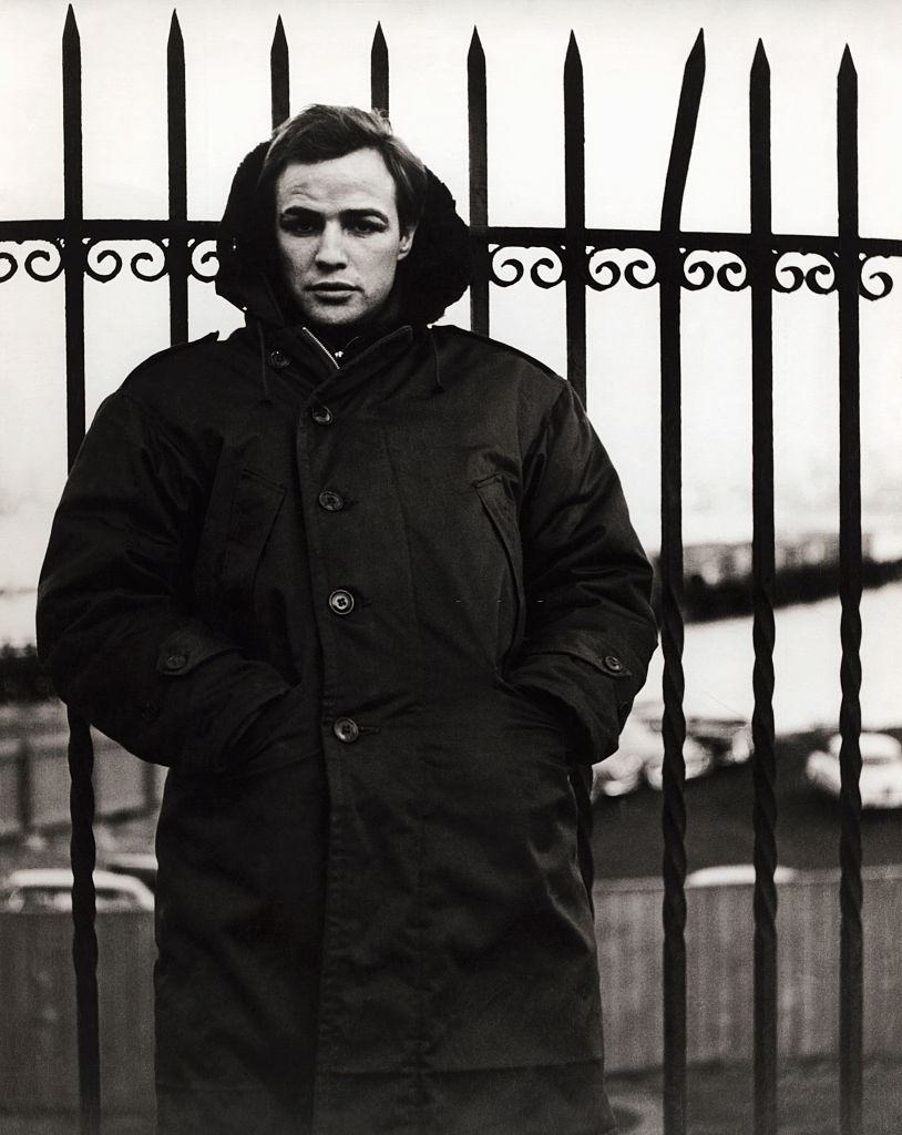 Marlon Brando wears a heavy overcoat in Fort Lee, New Jersey, 1962.