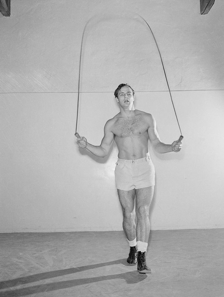 Marlon Brando skips rope in prizefighter fashion in this photo made during the early days of his screen career.