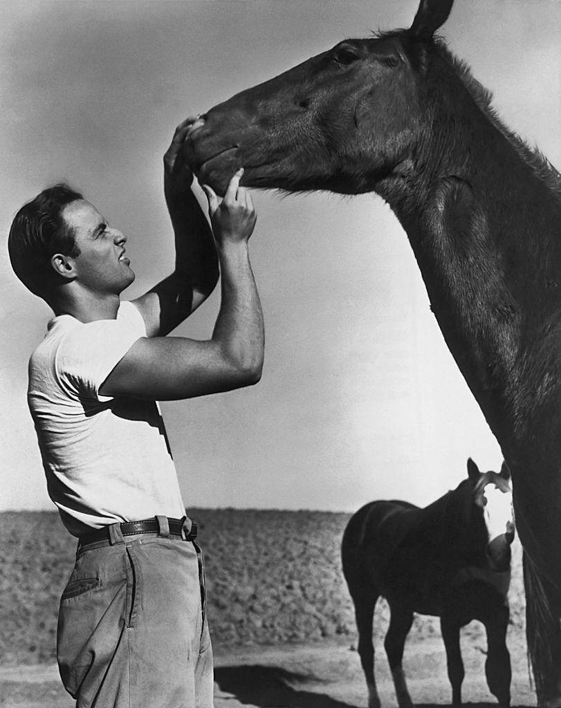 Marlon Brando with a horse during the filming of 'The Men' in 1950.