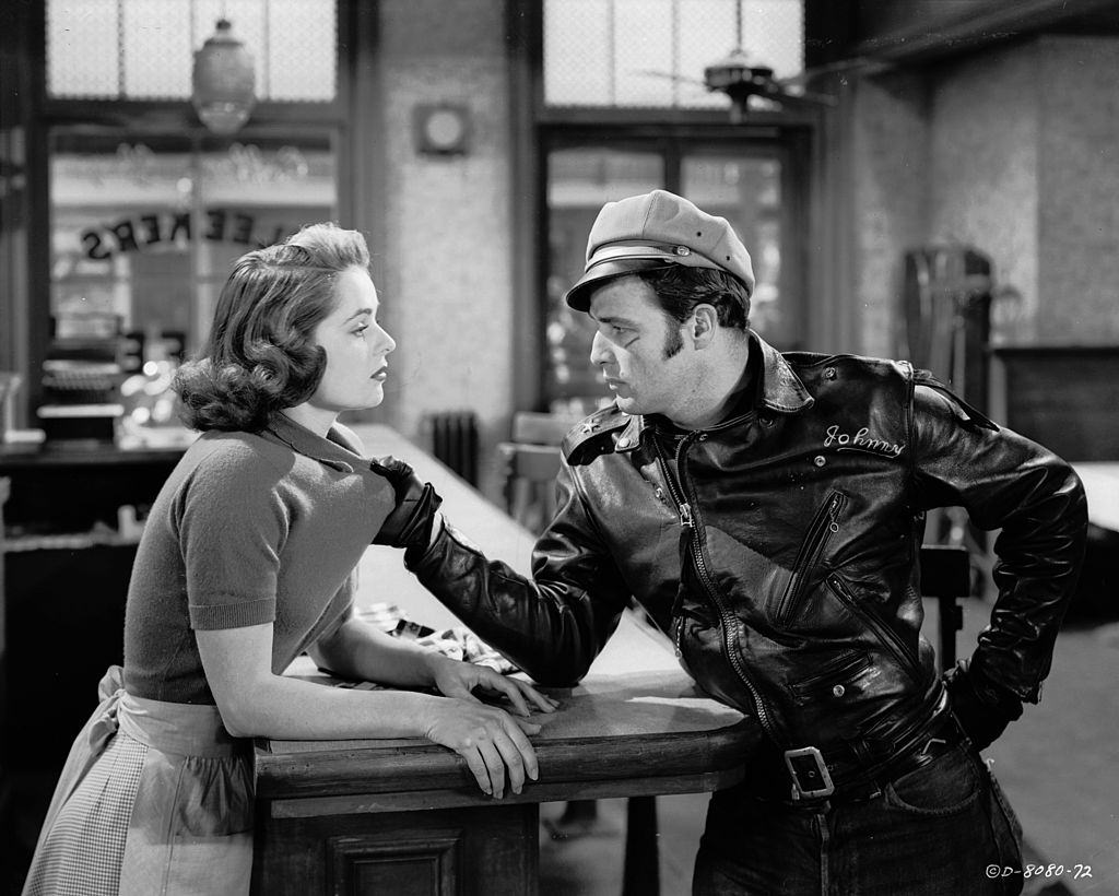 Marlon Brando with Mary Murphy in the movie 'The Wild One', 1953.