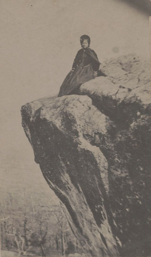 Grace Babcock, Civil War nurse, sitting atop Lookout Mountain, who may have worked with U.S. Sanitary Commission or U.S. General Hospital in Chattanooga