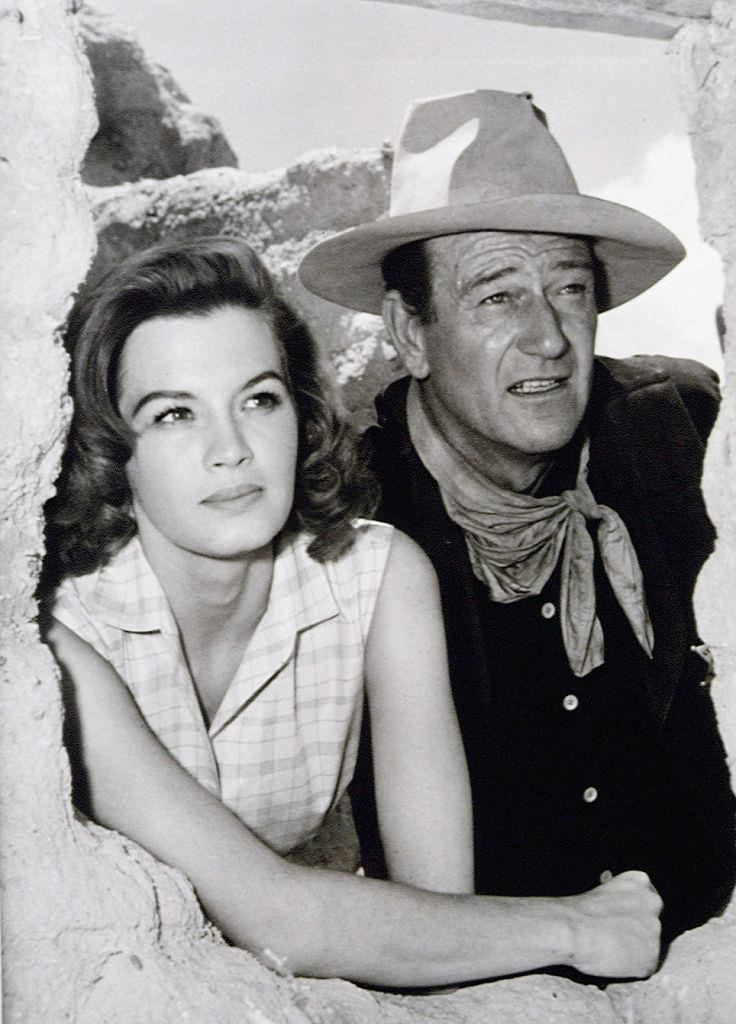 Angie Dickinson and John Wayne on location at Old Tucson Studios in 'Rio Bravo', 1959.