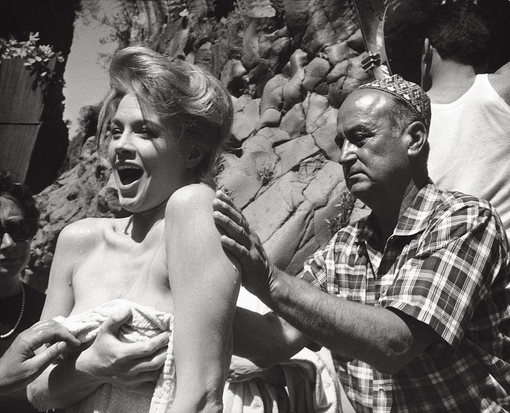 Angie Dickinson taking massage, 1961.