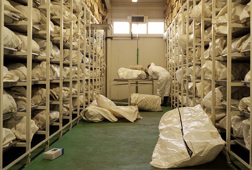 A pathologist uncovers one of the 4.000 bags inside of giant refrigerator in Tuzla. The remains of the bodies of Muslim men and boys massacred in eastern Bosnian town of Srebrenica in 1995.