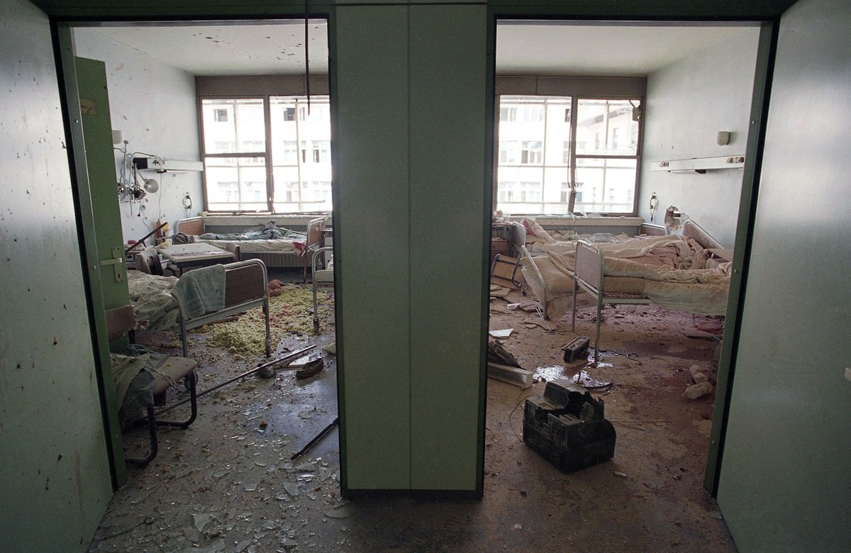 Bloodstains cover the wreckage of patients' rooms at Sarajevo's Kosevo Hospital on June 16, 1995, after a shell slammed into it killing two and injuring six.