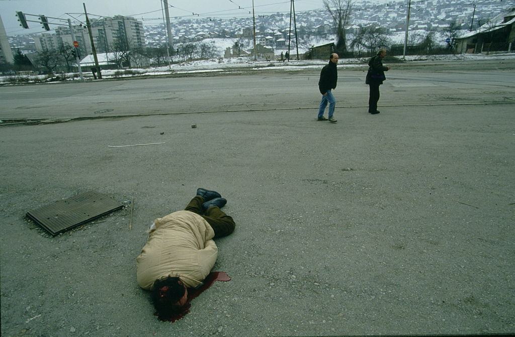 A dead body in Sarajevo during the Bosnian Genocide.