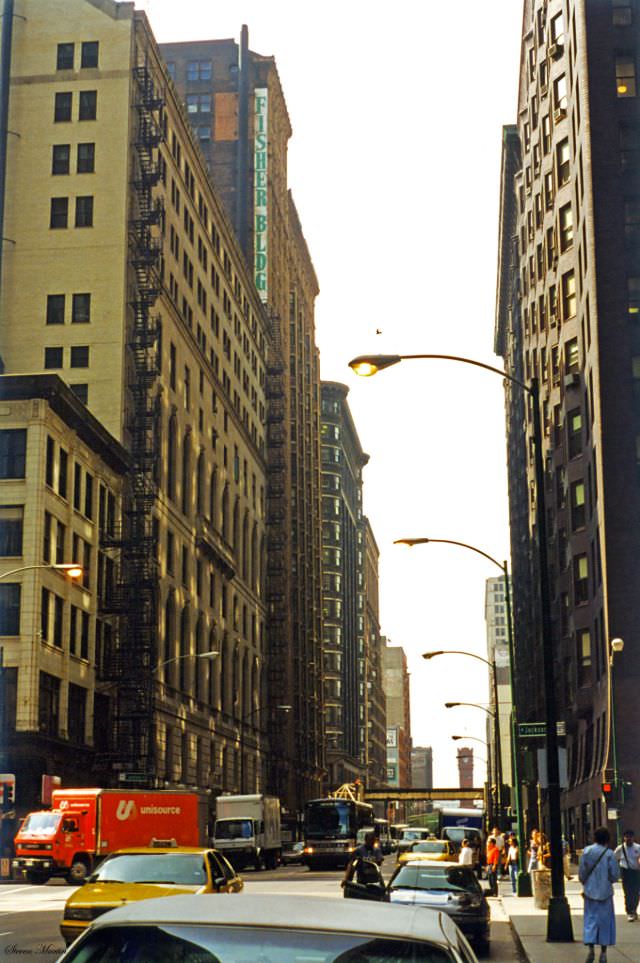 Dearborn Street looking south, in front of Federal Plaza, Chicago, July 1996