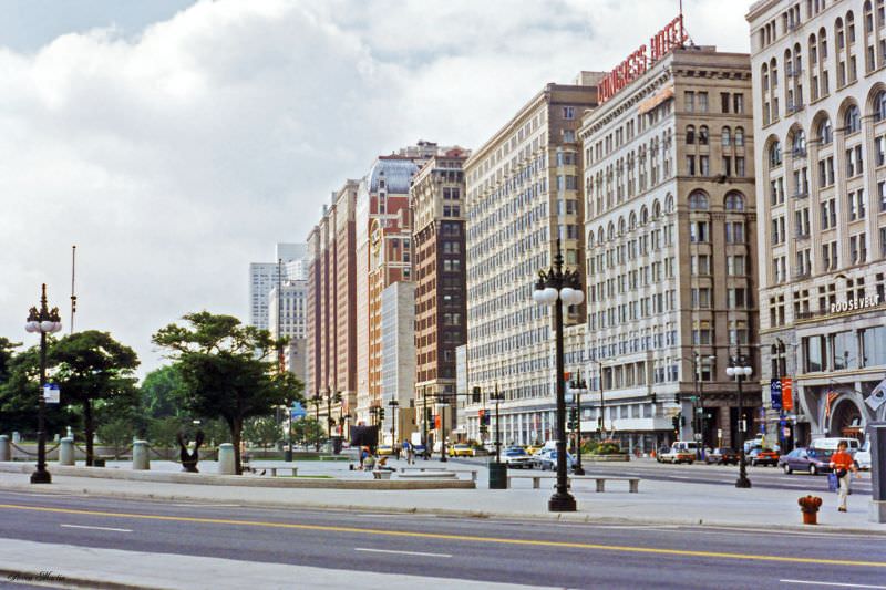 Looking south along Michigan Avenue from Van Buren, Grant Park, Chicago, July 1996