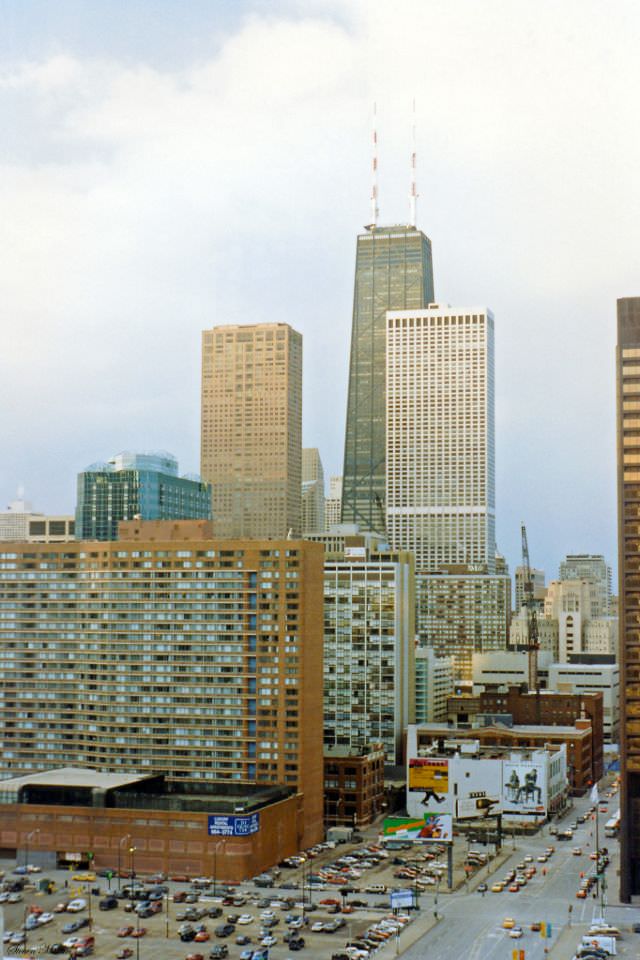 Looking toward the John Hancock Center and Water Tower Place from Sheraton Hotel, Chicago, February 1996