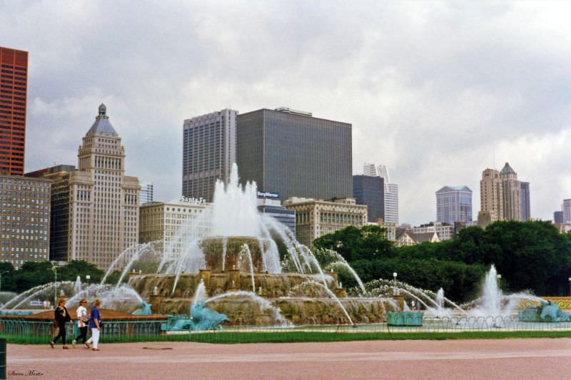 Loop and Lakeshore East skyscrapers viewed from Buckingham Fountain, Chicago, July 1996.