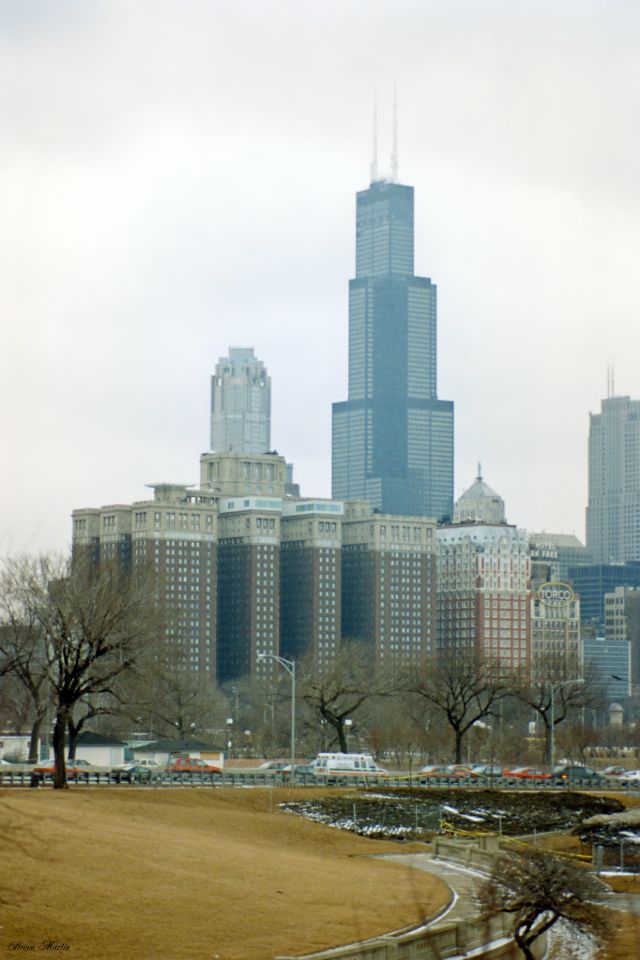 Sears Tower rising over Hilton and Blackstone Hotels, Chicago, February 1996