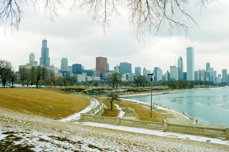 Chicago skyline along the lakefront as it appeared on a winter day in February 1996