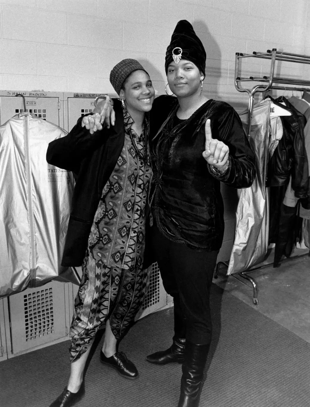 Rappers Queen Latifah and Monie Love pose backstage at the Genesis Convention Center in Gary, Indiana, in February 1990.