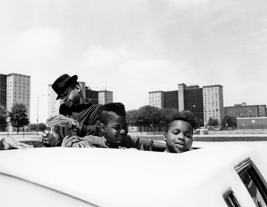 Khiry, Tajh, and Bilal of the Boys pose for photos after arriving at Beasley Elementary School in Chicago in May 1989.