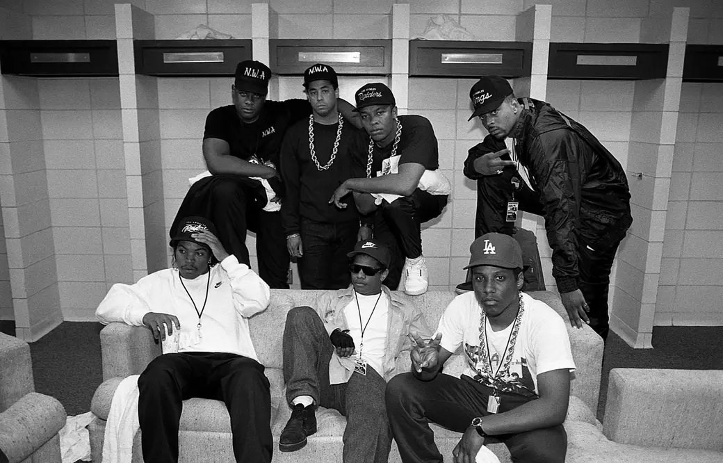 Ice Cube, Eazy-E, and MC Ren (front row) and Laylaw, DJ Yella, Dr. Dre, and the D.O.C. (rear).