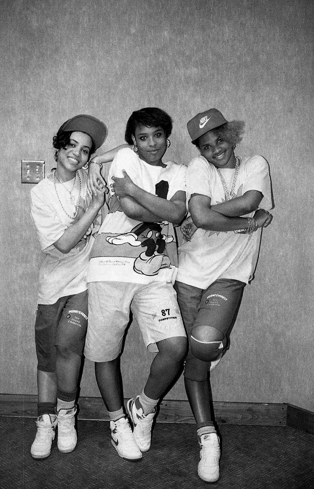 Salt, DJ Spinderella, and Pepa from Salt-N-Pepa pose for photos backstage at the Holiday Star Theatre in Merrillville, Indiana, in June 1987.