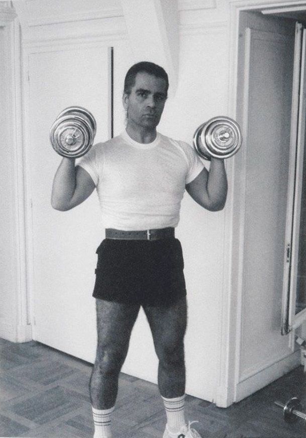 Karl Lagerfeld with weights, 1950s.