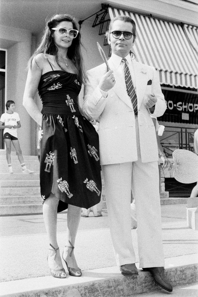 Karl Lagerfeld with a model in France, 1979.