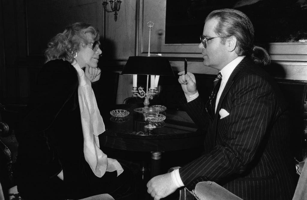 Actress Hildegard Knef and Karl Lagerfeld at the German Embassy on December 1, 1982.