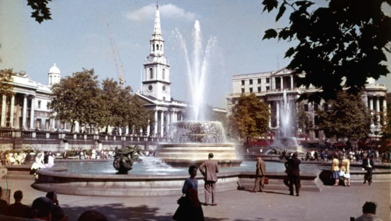 The church of St Martin-in-the-Fields, London. Trafalgar Square fountains in the foreground