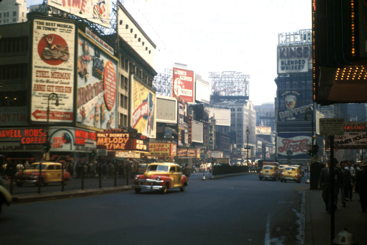 New York, Manhattan, view of advertisements in Times Square – 1948