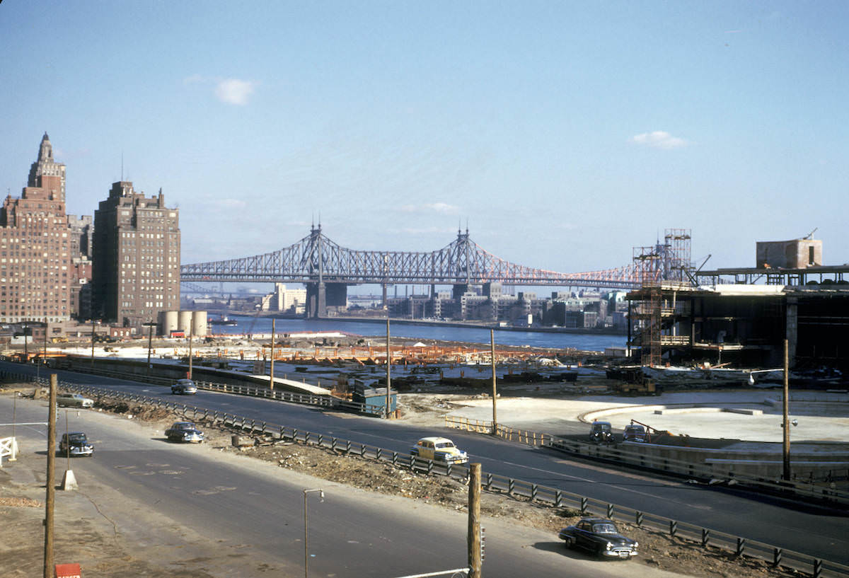 New York, Manhattan, view of United Nations buildings under construction, 1951